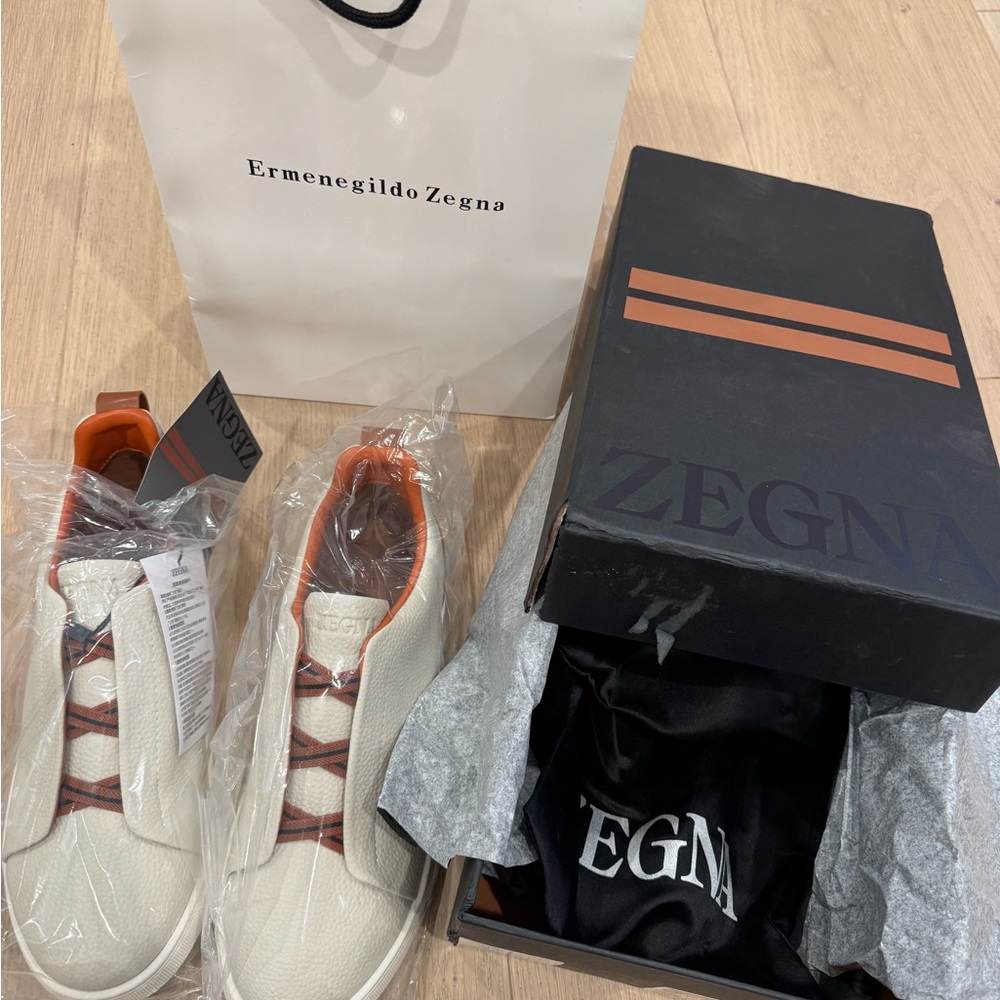 Zegna Style Cream and Orange Sneakers